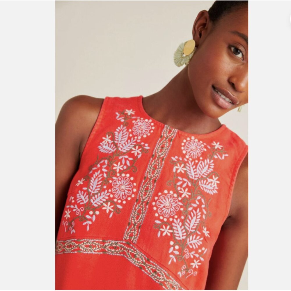 New! Anthropologie Aiko Embroidered Red Linen Blend Shift Dress Women's Size 6 - Picture 1 of 13
